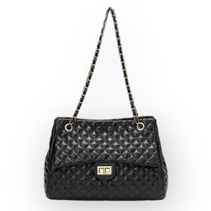 Tiffany & Fred Paris Full-Grain Quilted Sheepskin Black Leather Tote Gold accent